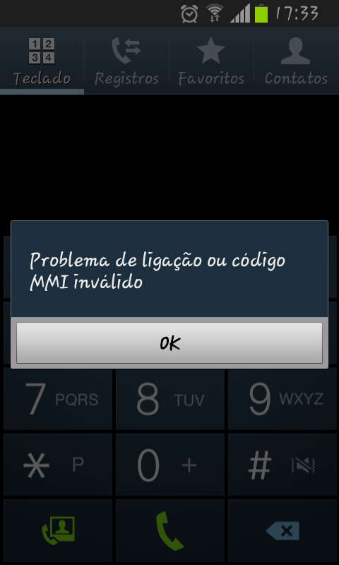 Captura de tela do celular exibe a mensagem "Problema de ligação ou código MMI inválido".